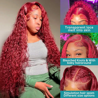 Transparent Lace Front Wig: Deep Wave 99J Burgundy