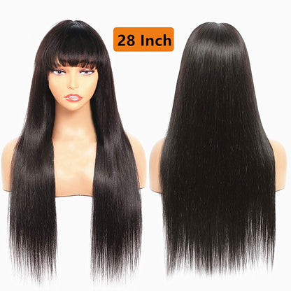 Straight Wig with Bangs Human Hair Brazilian Virgin Hair 150% Density Machine Made Wigs with Bangs for Black Women Human Hair None Lace Front Wigs Natural Black 22 Inch