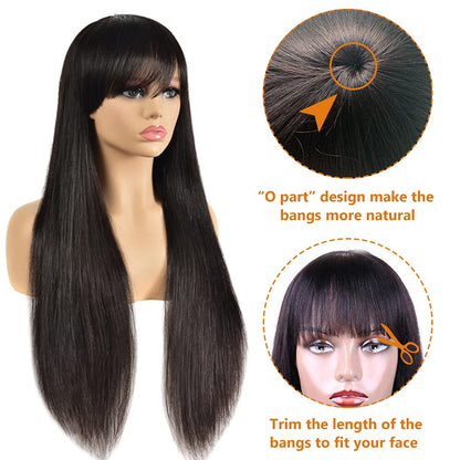 Straight Wig with Bangs Human Hair Brazilian Virgin Hair 150% Density Machine Made Wigs with Bangs for Black Women Human Hair None Lace Front Wigs Natural Black 22 Inch