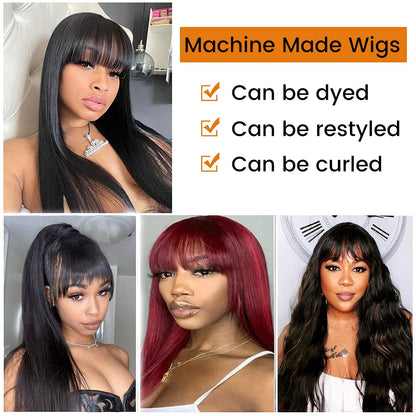 Straight Wig with Bangs Human Hair Brazilian Virgin Hair 150% Density Machine Made Wigs with Bangs for Black Women Human Hair None Lace Front Wigs Natural Black 22 Inch