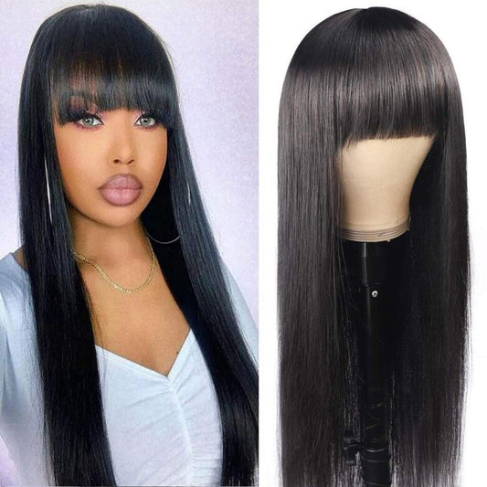 Straight Wig with Bangs Human Hair Brazilian Virgin Hair 150% Density Machine Made Wigs with Bangs for Black Women Human Hair None Lace Front Wigs Natural Black 22 Inch