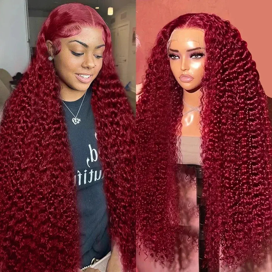 Transparent Lace Front Wig: Deep Wave 99J Burgundy