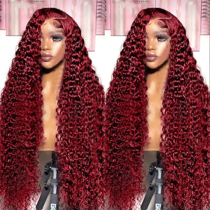 Transparent Lace Front Wig: Deep Wave 99J Burgundy