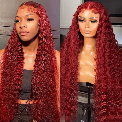 Transparent Lace Front Wig: Deep Wave 99J Burgundy