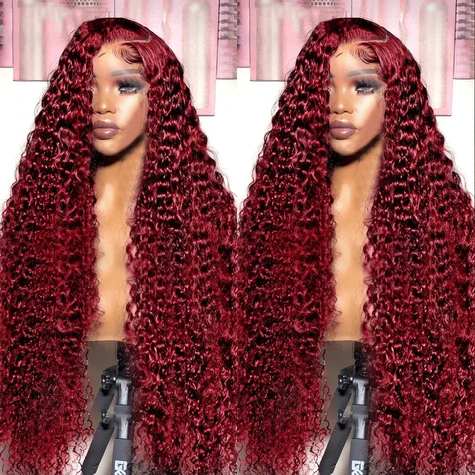 Transparent Lace Front Wig: Deep Wave 99J Burgundy