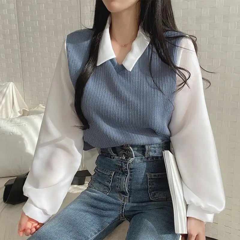 False Two-piece Polo Collar Blouses