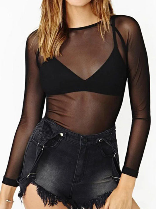 Womens Long Sleeve Sexy Black Mesh Top