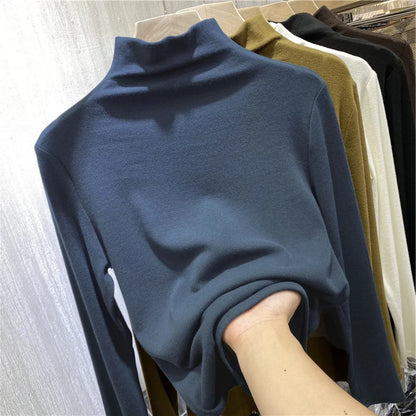 Half High Collar T Shirts for Women New Korean Fashion Fleece Tops Office Ladies Slim Long Sleeve Chic Tee Shirts