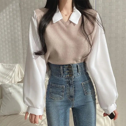 False Two-piece Polo Collar Blouses