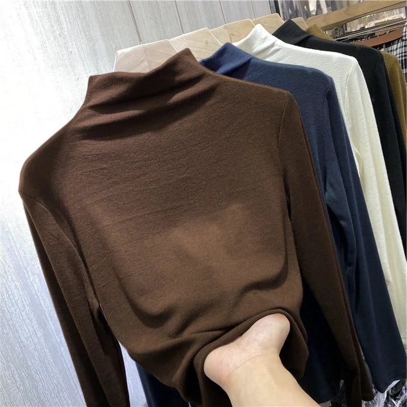 Half High Collar T Shirts for Women New Korean Fashion Fleece Tops Office Ladies Slim Long Sleeve Chic Tee Shirts