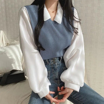 False Two-piece Polo Collar Blouses